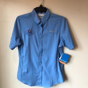 Columbia PFG Short Sleeve Women’s Fishing Shirt Blue Sailfish Marina NWT